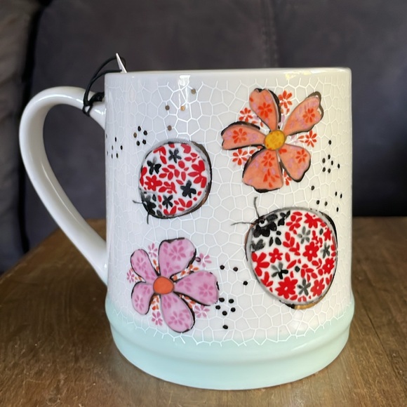Seeds and Sunshine Flowers & Ladybugs Mug 18 Oz Soft Teal Bottom And Interior - Picture 3 of 6